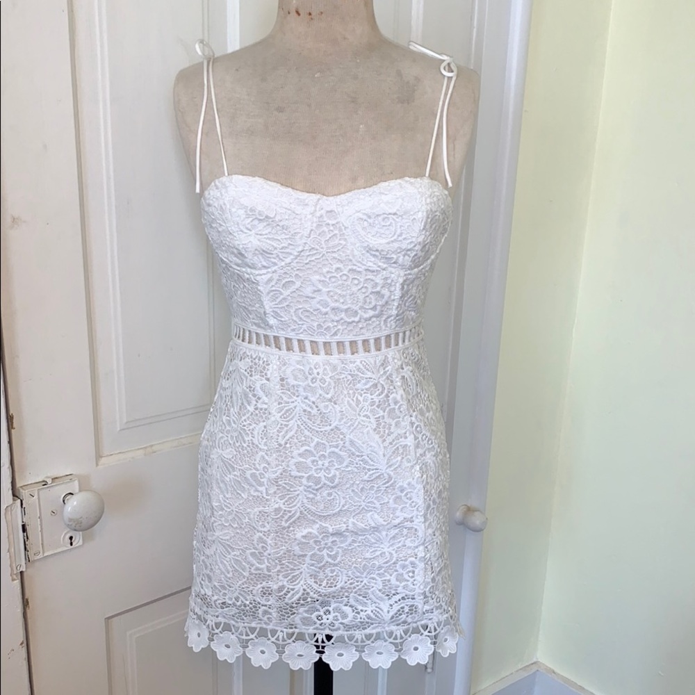 Forever 21 Crochet Lace Off White Mini Dress Spagetti Straps Corset Bustier S